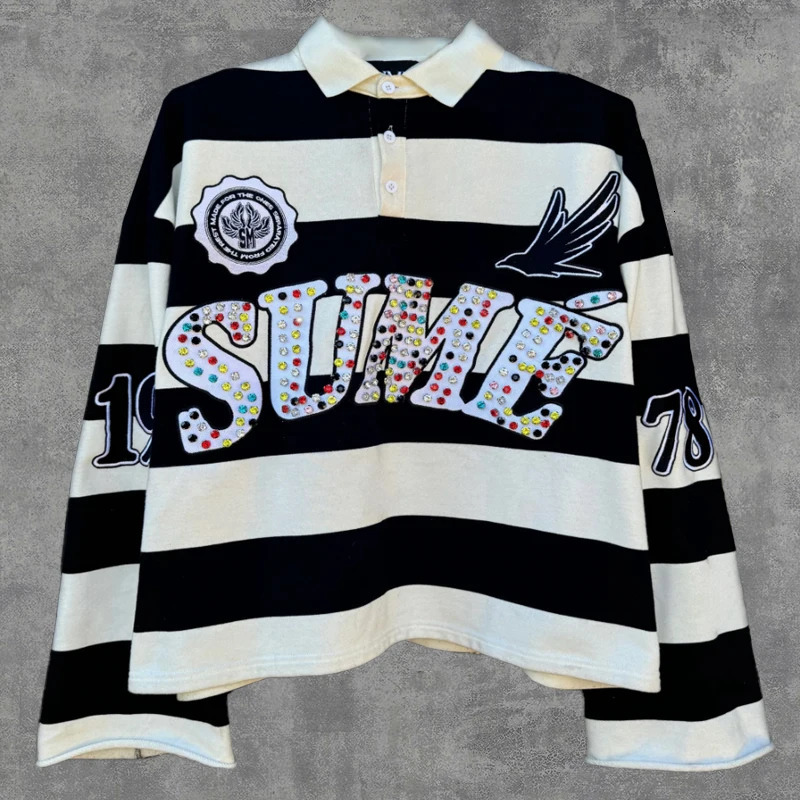 2 Pcs Shirts Co-ords Sume Rugby Diamond Embroidery Stripe Polo Shirt Y2K Retro Classic Unisex Oversized Long Sleeved Shirts Sets 250807