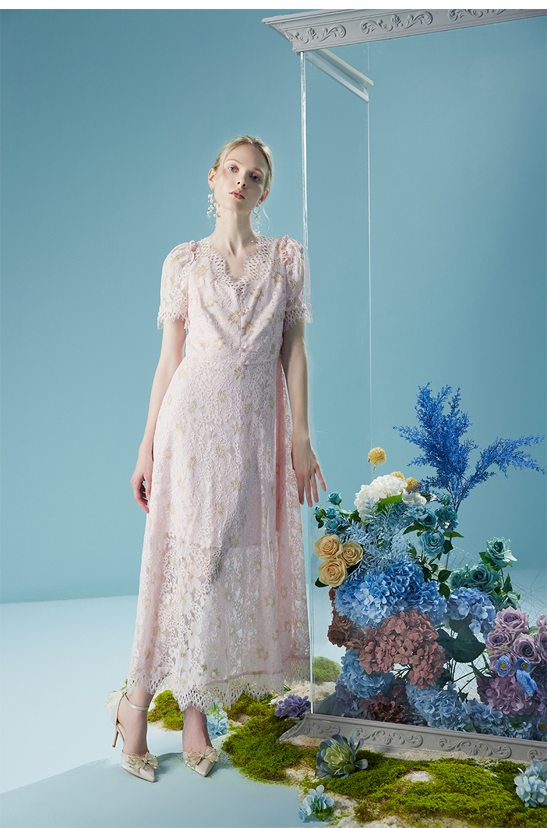 Womens Elegant Pink Floral Lace Dress Short Sleeve V Neck Double Layer Gothic Midi Party Guest Casual Dress 6116210