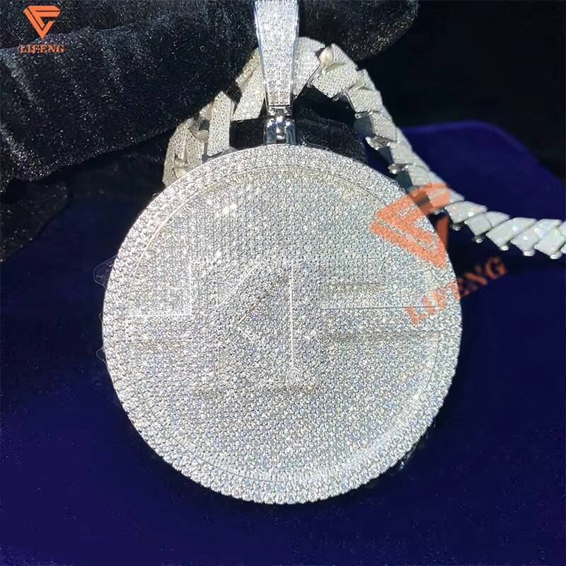 Custom 925 Silver Round Disc Moissanite Pendant Full VVS Iced Diamond Gold Plated Hip Hop Style Circle Pendant for Men