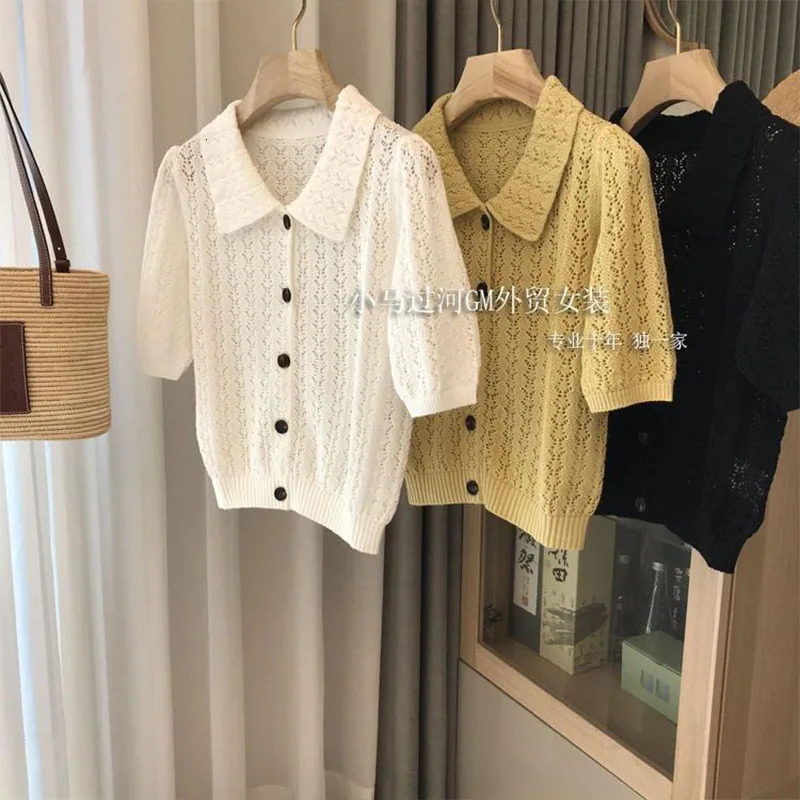 Summer French Lazy Style Hollow Out Polo Shirt Elegant Fashion Knit Short Sleeve Pullover Loose Solid Tops 250729