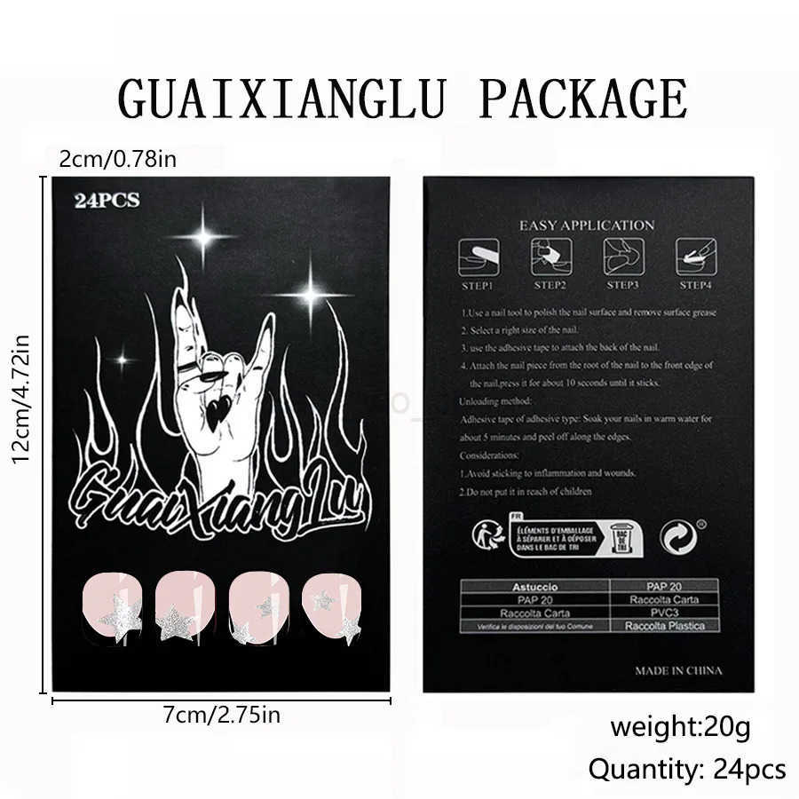 24pcs Short Oval Press-on Nails French Simple Glitter Black Five-Pointed Star Fake Nails for Women Girls Detachable Wearable Nails M250807