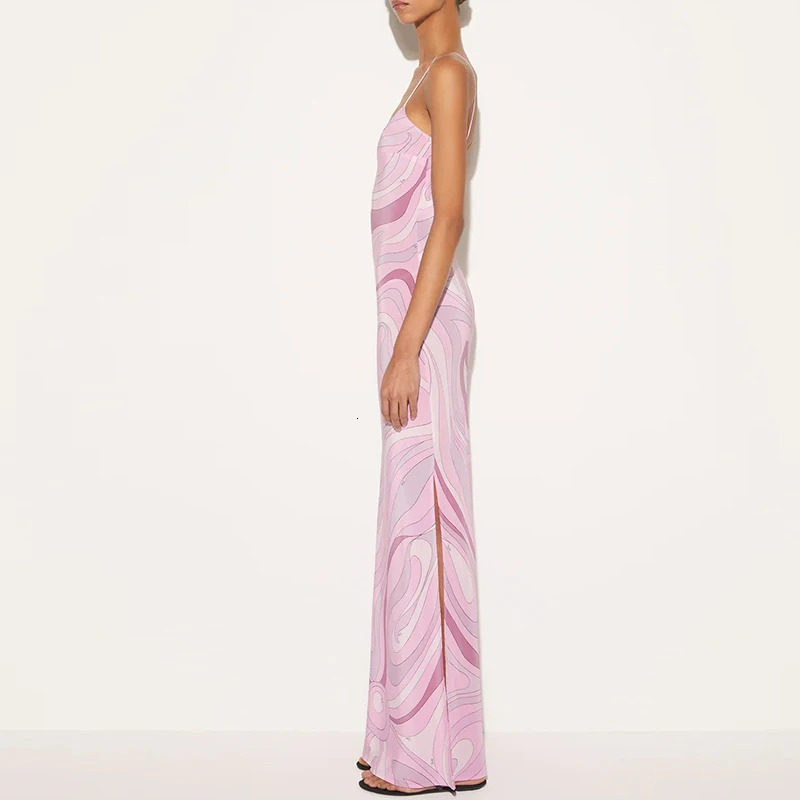 Camisole Slim Fit High Waist Holiday Long Dress Ladies Fashion V Neck Printed Robe Sexy Backless Hollow Out Summer 250807