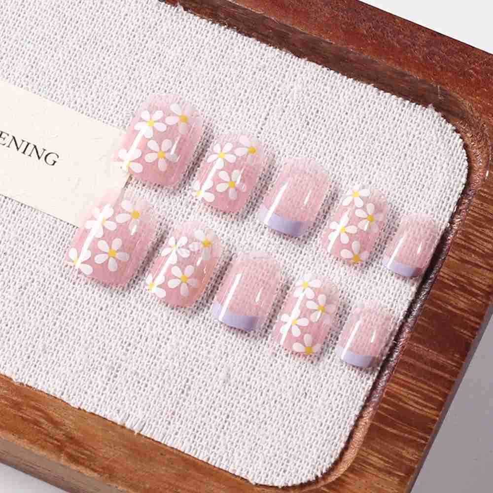 24pcs Purple French Daisy Fake Nails Square Round Glossy Harmless Press On Nail Tips DIY Line Art Full Cover False Nails for Girls M250807