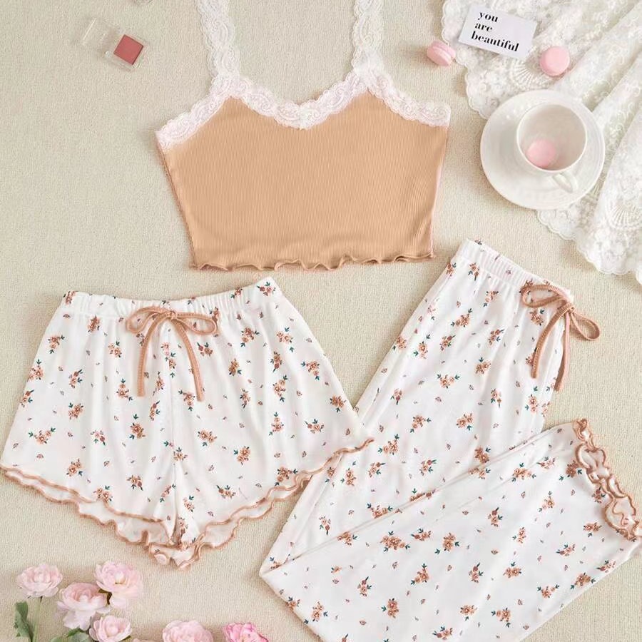 B1009-Home wear suit with lace and sexy camisole top, short pants, three-piece pajamas for women