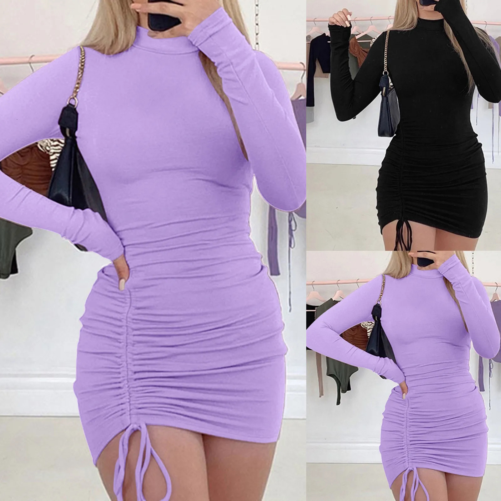 Female Dresses Outfits WomenS Dress Long Sleeve Solid Color Drawstring O-Neck Tight-Fitting Vestidos De Fiesta Elegantes 2025 250728