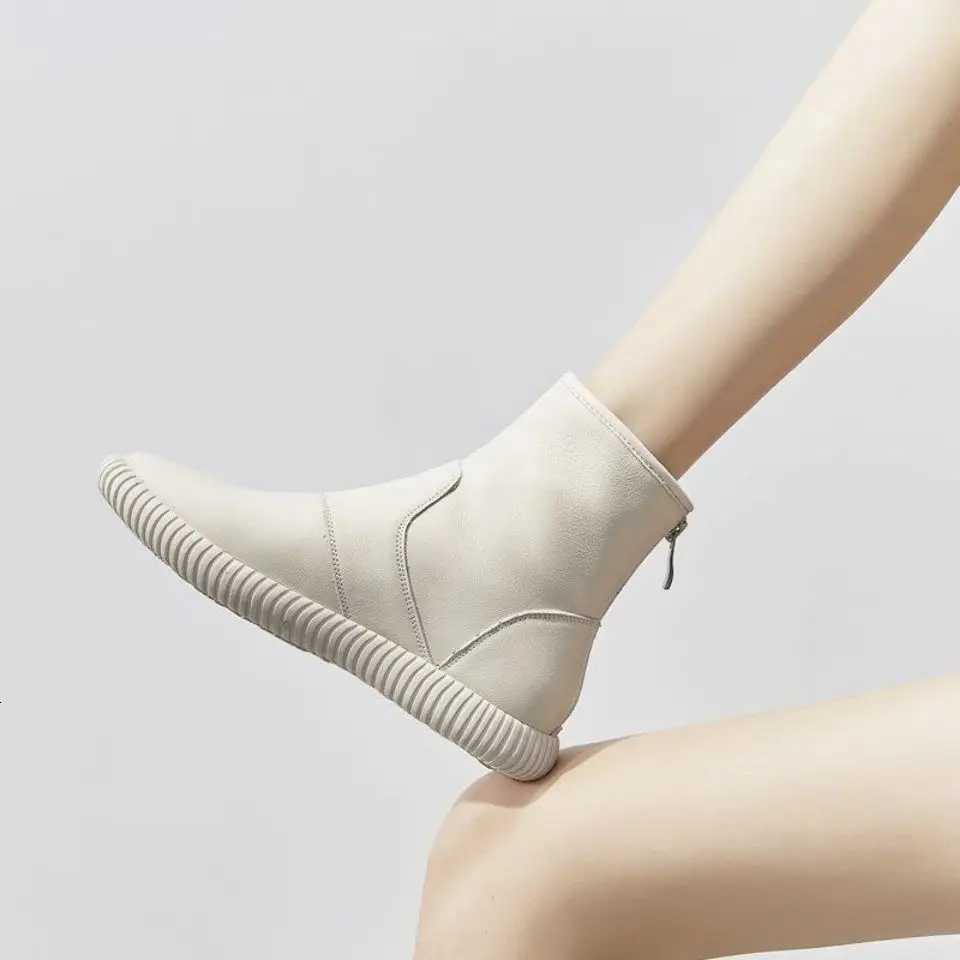 Booties White Platform Female Ankle Boots Work Sneakers Chunky Leather Short Shoes for Women Sports Flat Footwear Spring 2024 PU XJ250807