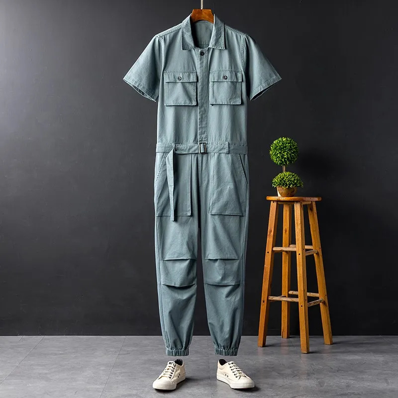 Summer Solid Short Sleeve Pockets Mens Jumpsuits Casual Full Length Pants Costumes Loose Unisex Fashion Cargo Overalls 250804