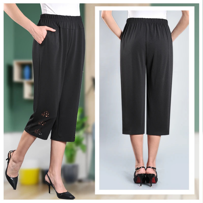 Summer Hollow Calf Pants 2025 Womens Fashionable Thin Outdoor Clothing Elastic Waist Plus Size Casual Office 250805