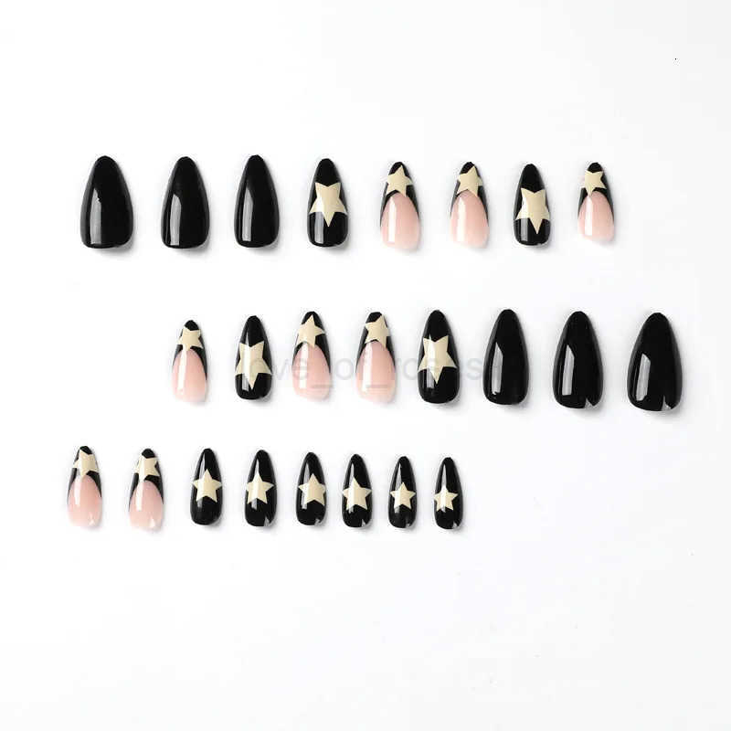 24pcs/box Fake French y2k Nails Press On Long Stiletto Almond Shape Wearable False Nails With Star Designs Full Cover Nail Tips Z250807