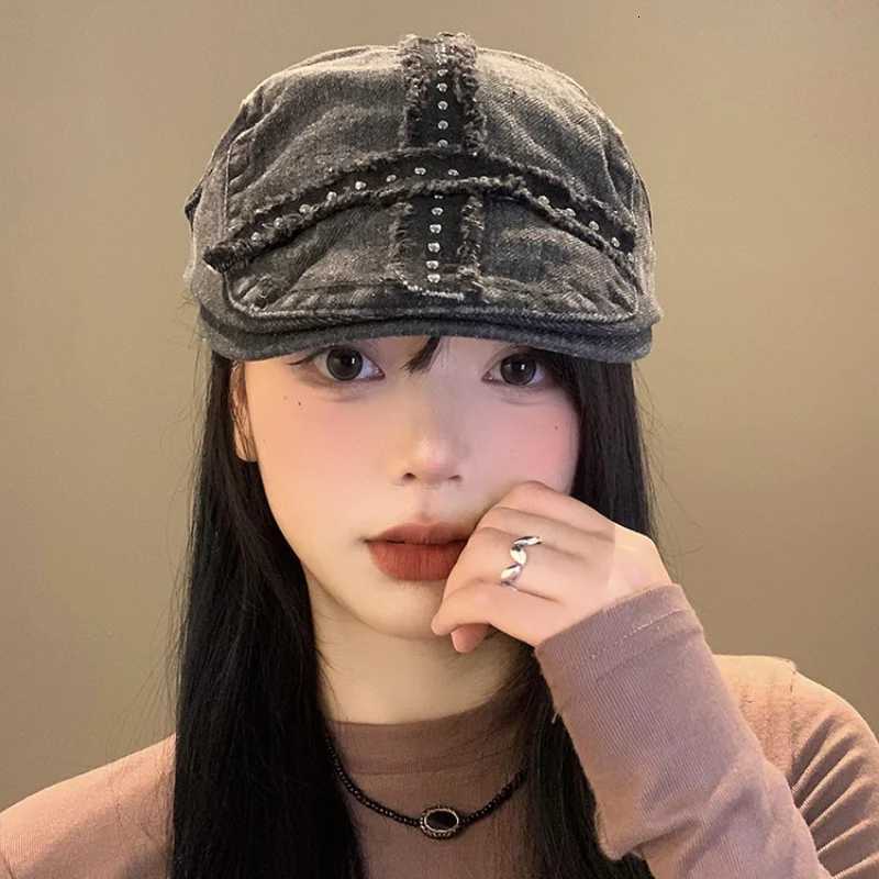 American Rivet Design Black Forward Hats for Women and Men Summer Casual Versatile Street Trend Retro Washed Denim Berets Y2k XJ250807
