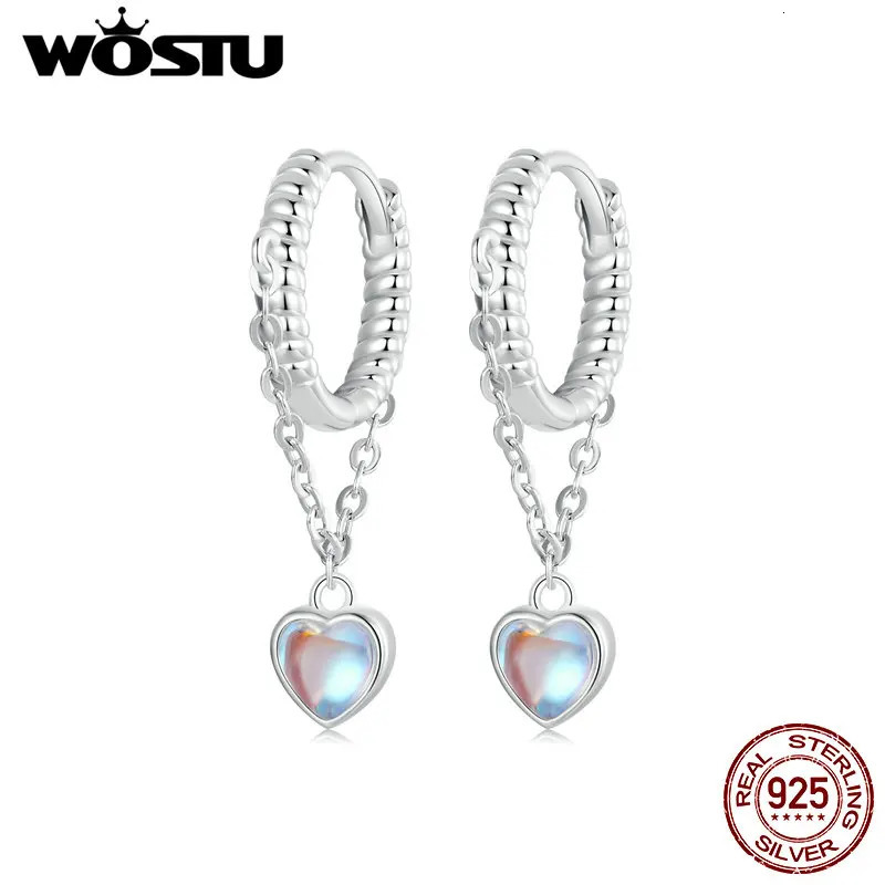 WOSTU 925 Sterling Rainbow Moonstone Heart Drop Link Earrings For Women Mystic Crystal Hoop Earrings Party Birthday Jewelry Gift 250805