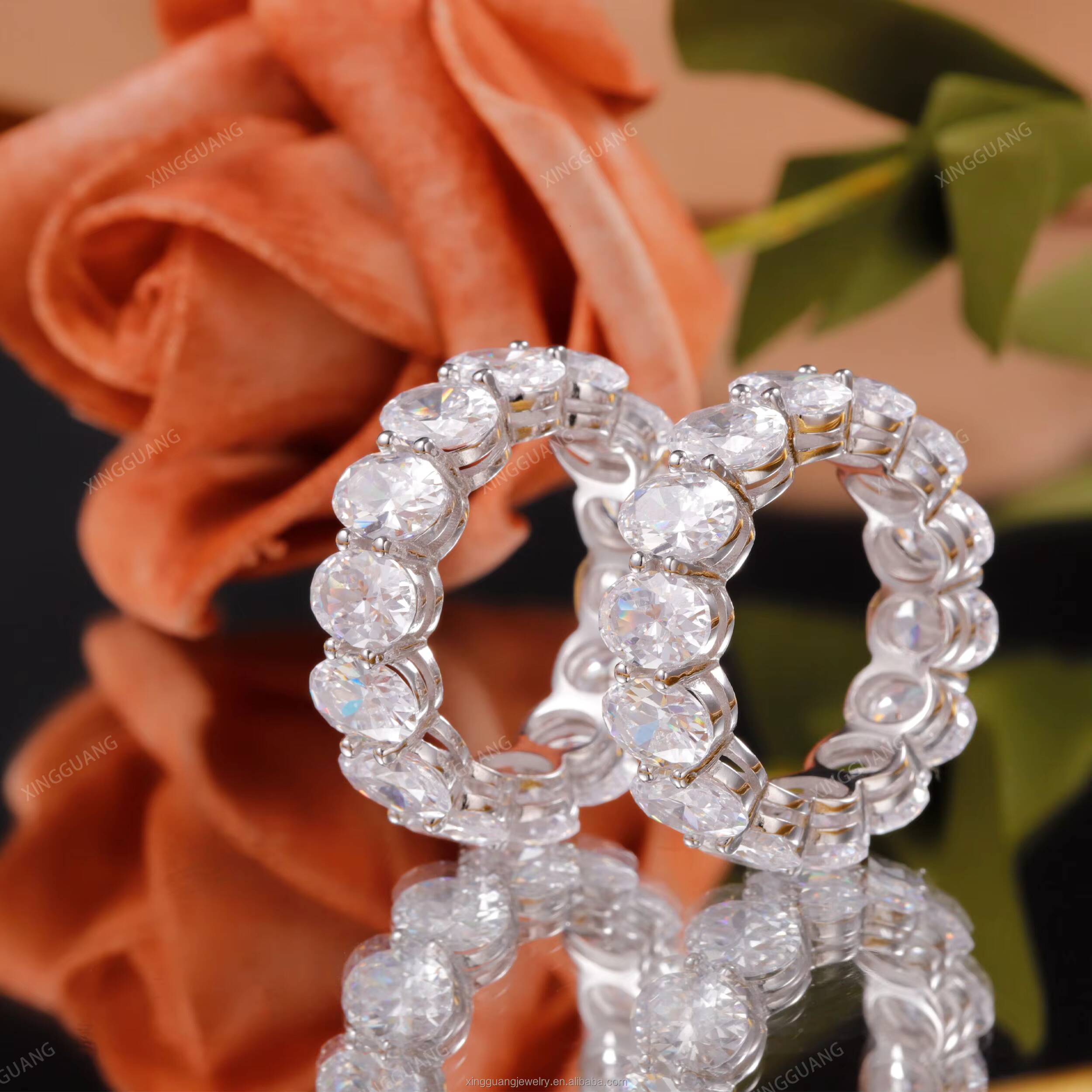 XingGuang New Arrival 4*6mm 0.5CT Oval Cut Moissanite 14K Soild White Gold Wedding Rings Eternity Band Jewelry