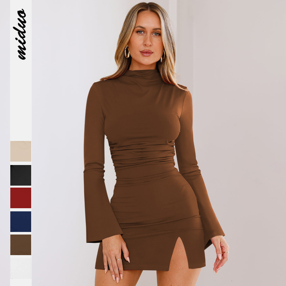 2025 New Style Slim Fit Basic Slit Long Sleeve Half High Collar Ruched Waist Elegant Short Dress