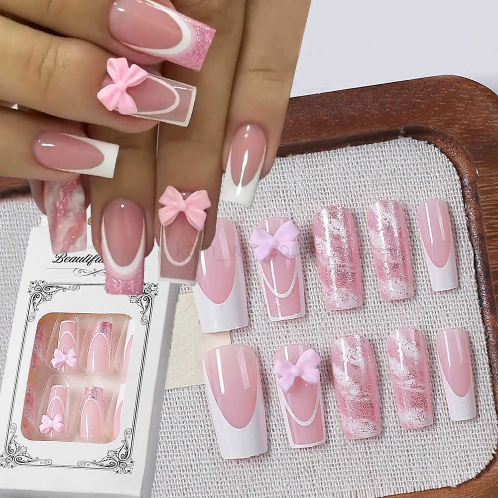 24Pcs Pink Bowknot French Fake Nails Patches 3D Pink Glitter Bow Long Coffin French False Nails Full Cover Acrylic Press-on Nails M250807