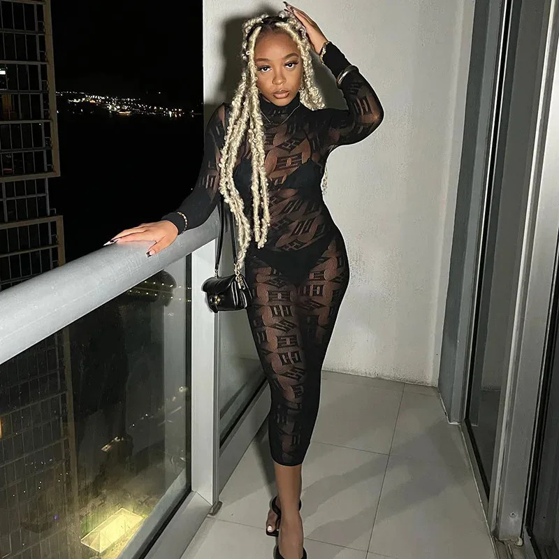 See Through Long Dress Women Sexy Long Sleeves Dresses Body-shaping Vestido Female Party Night Club Clothing Black White Dresses 250728