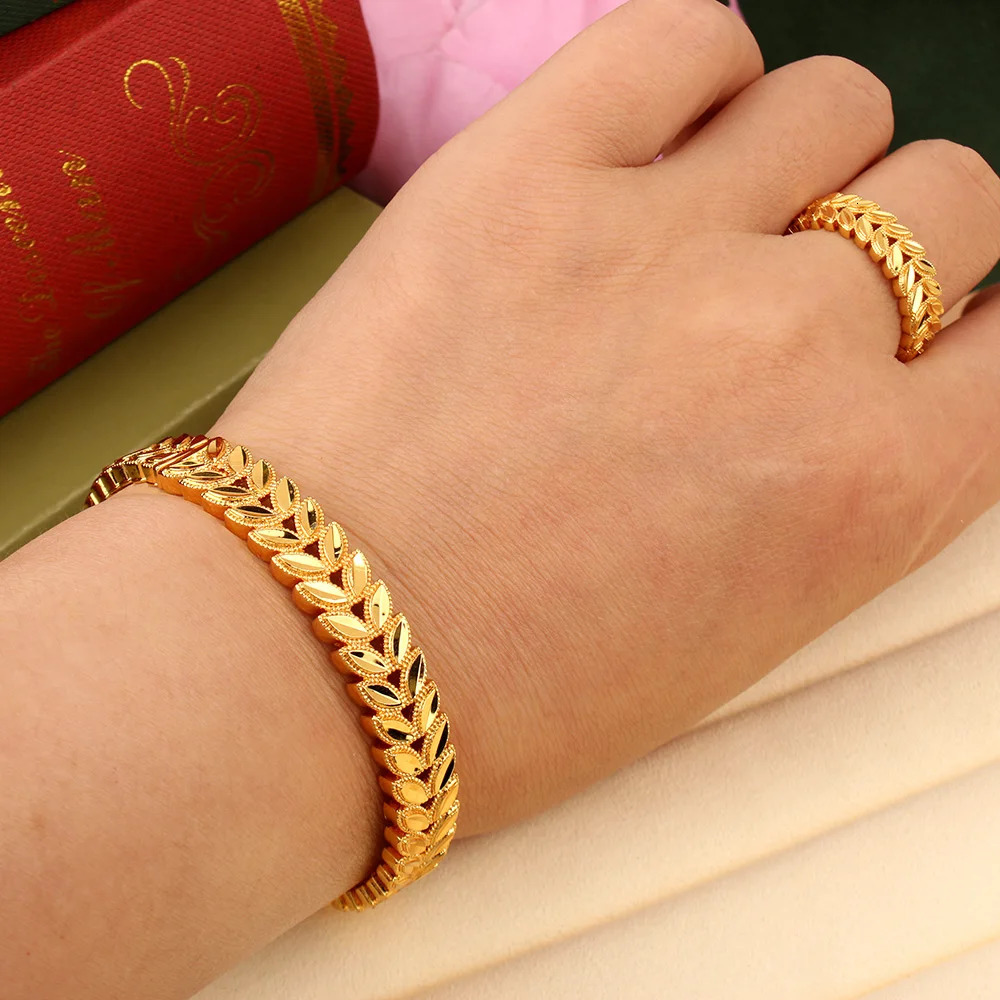 Trendy Copper Gold Plated Jewelry Bangles with Ring Leaves n Cuff Bracelet Dubai Wedding Jewery Graduation Gifts for Girl 250805