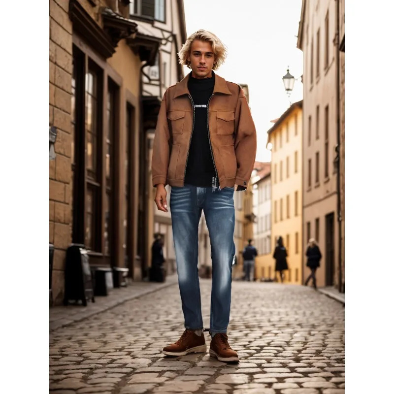 Vintage High Street Suede Material Crock Jacket With Zipper Lapel Casual Short Jacket For Men 250804