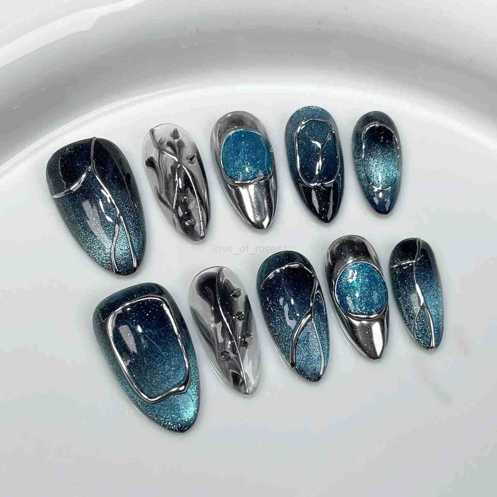10Pcs Metallic Almond Handmade Fake Nails with Glue Sweet Cool Gel Nail Press on Dark Color Full Cover False Manicure Nail Tips Z250807