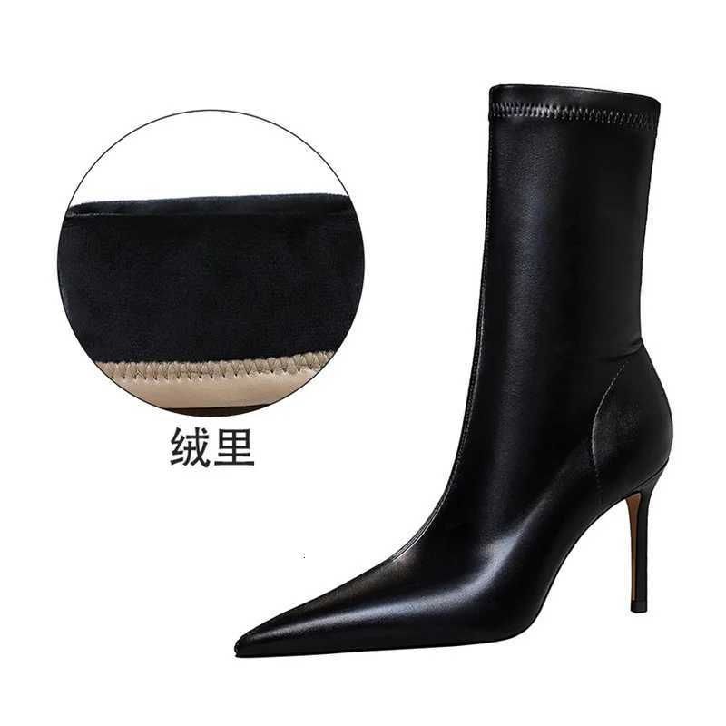 Womens Fi Simple Solid Mid-Calf Boot Sewing Pointed Toe Slip Pu Leather Thin High Heel Mature Modern Short BootsXJ250807
