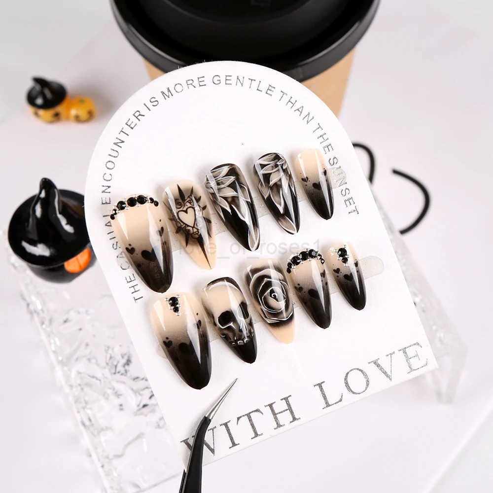 24Pcs Black Glossy Halloween Almond Fake Nails Gradient French Cool Press On Nails Rose/Heart/Skull Acrylic Wearable False Nails Z250807