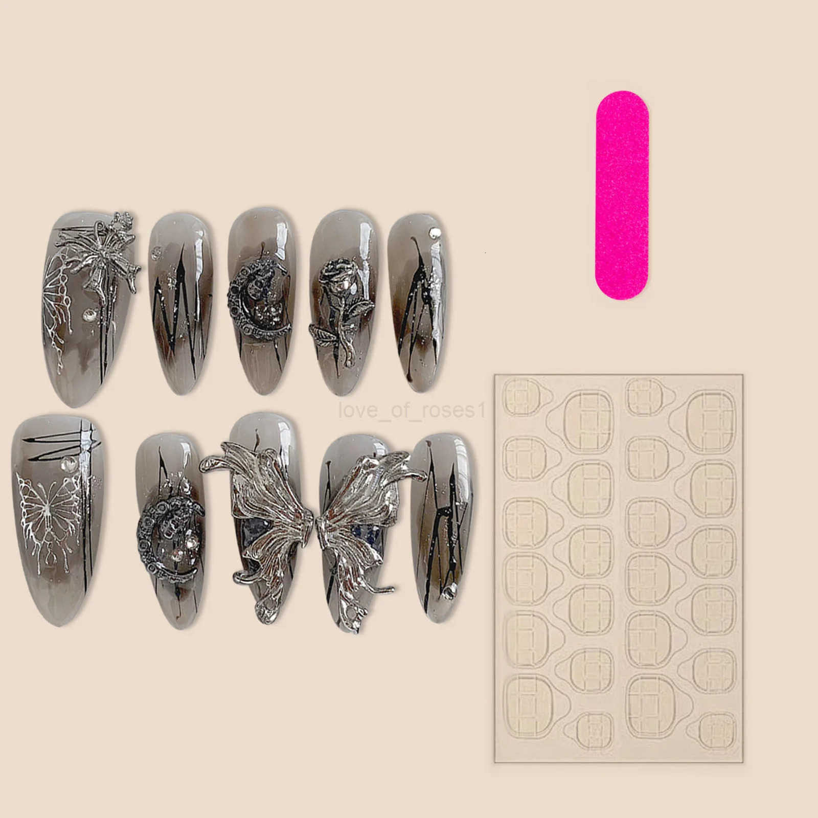 3D Silver Butterfly False Nails With Metal Moon Decor Charming Gothic Fake Nails Y2K Press On Nails Long Almond Handmade Z250807