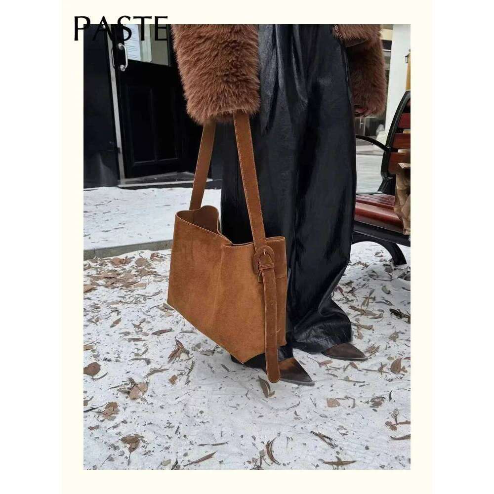 New Winter Matte Suede Cow Leather Women Tote Coffee Retro High end Warm Color Female Shoulder Bag Huge Commute Travel Handbag bag