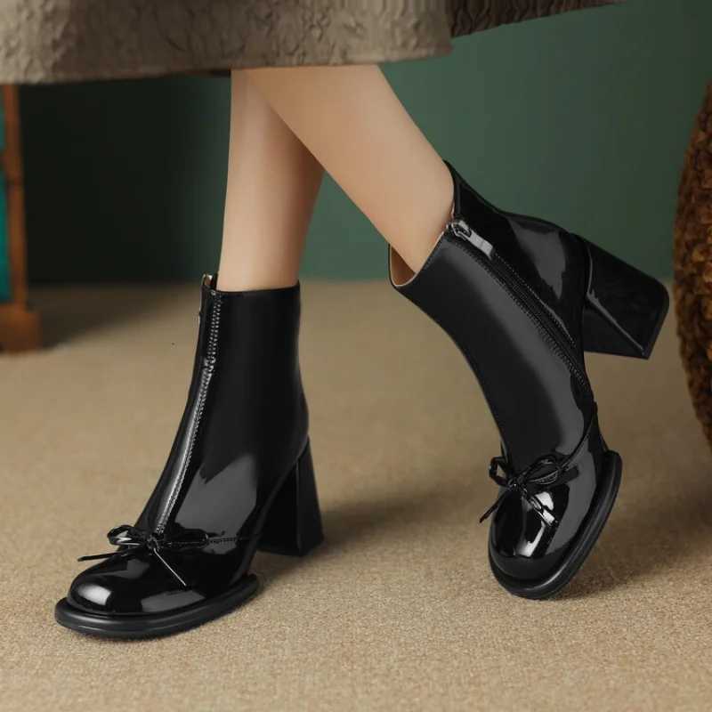 Spring and Autumn New Style Bow Round Toe Square Heel Zipper Short Boots Elegant Sexy Temperament Casual Womens Boots XJ250807