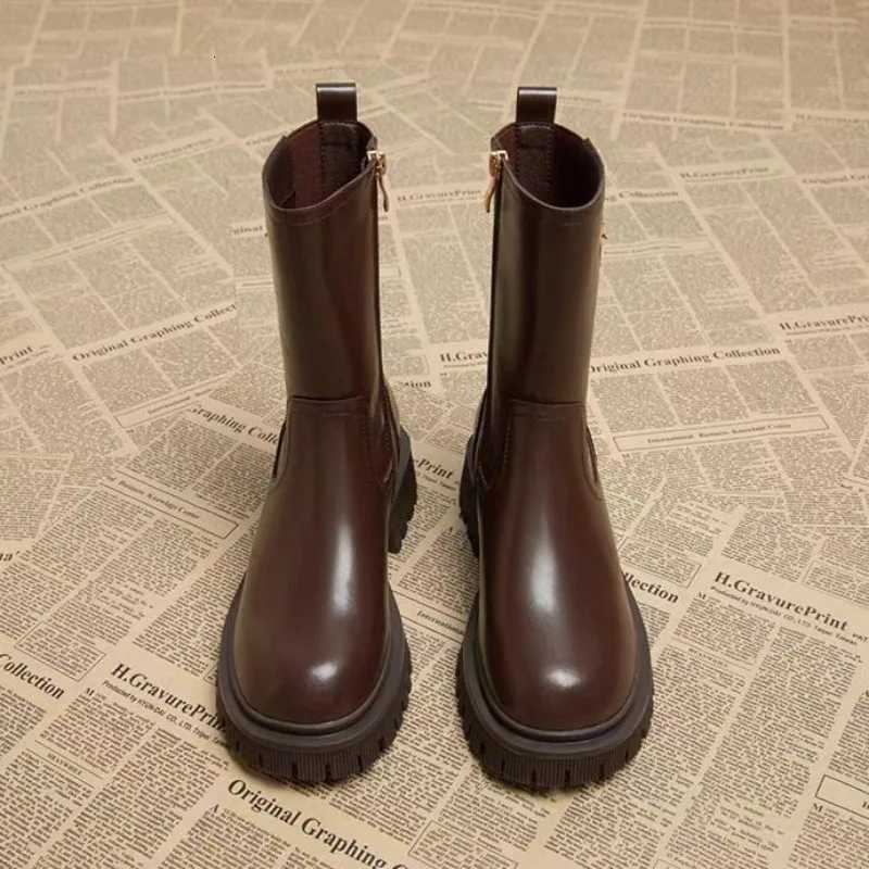 Womens Half High Boots Round Toe Chelsea Ladies Mid Calf Shoes Middle Heel Brown Footwear Spring Autumn Sale Gothic Demi-seas XJ250807