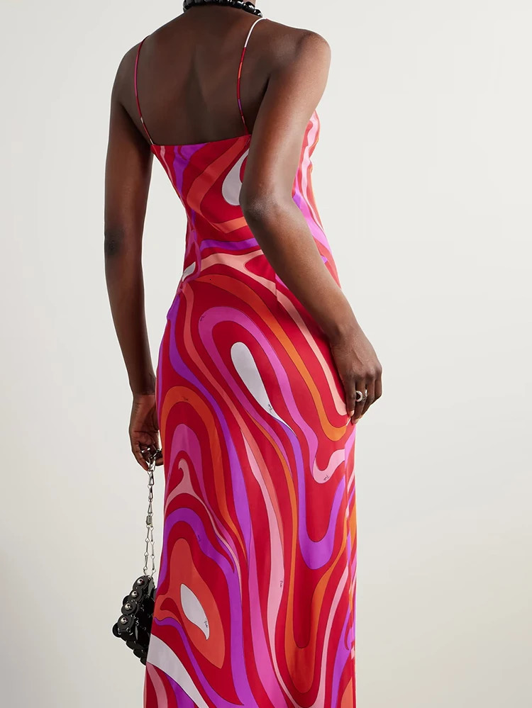 Camisole Slim Fit High Waist Holiday Long Dress Ladies Fashion V Neck Printed Robe Sexy Backless Hollow Out Summer 250807