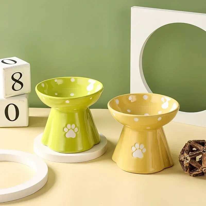 Cute Safety Environmental Ceramic Dog Cat Bowl High Foot Anti Overturning Pet Feeder Dog Water Bowls Pet Supplies Accessories Y250806