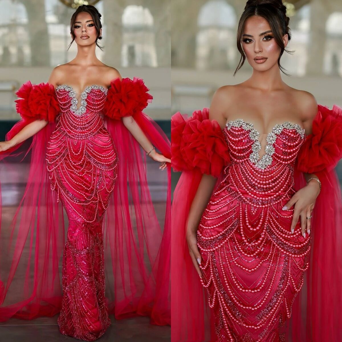 Gorgeous Strapless Beading Evening Dresses Customized Sexy Sequins Strapless Prom Dress With Wraps Ruffle Party Gown