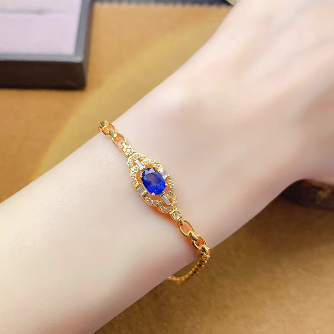 Royal blue natural sapphire bracelet for wedding 5mm*7mm 0.7ct genuine sapphire 925 silver bracelet with thick 18K gold plating