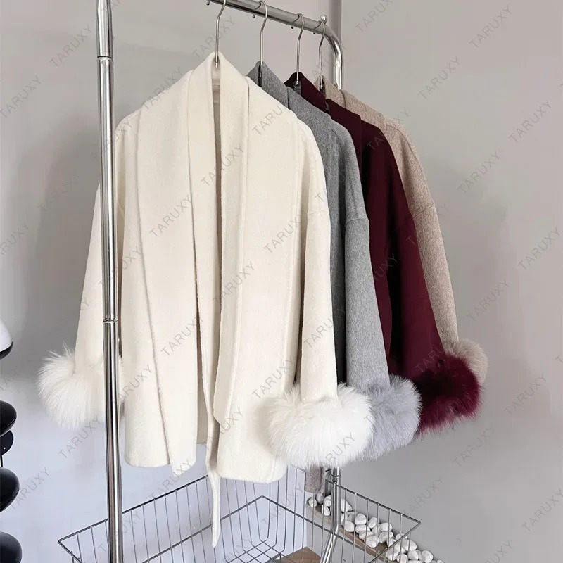 TARUXY Fox Fur Woolen Coats Womens Short Coat Office Lady Removable Elegant Double-sided Wool Overcoat 2025 Cardigan Jacket 250806