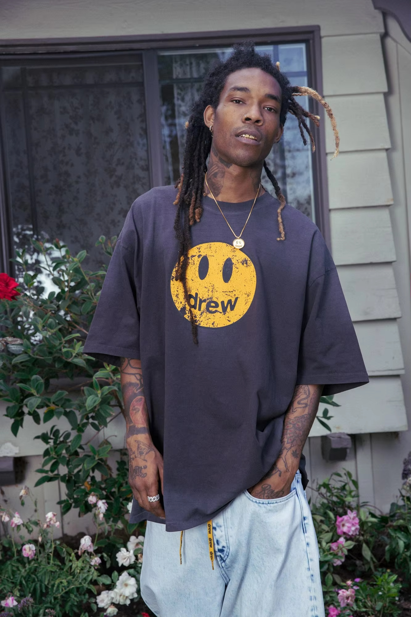 Drew House New Mens Clothing Smiley face print logo T shirt men's and women's printed loose short sleeve T-shirt