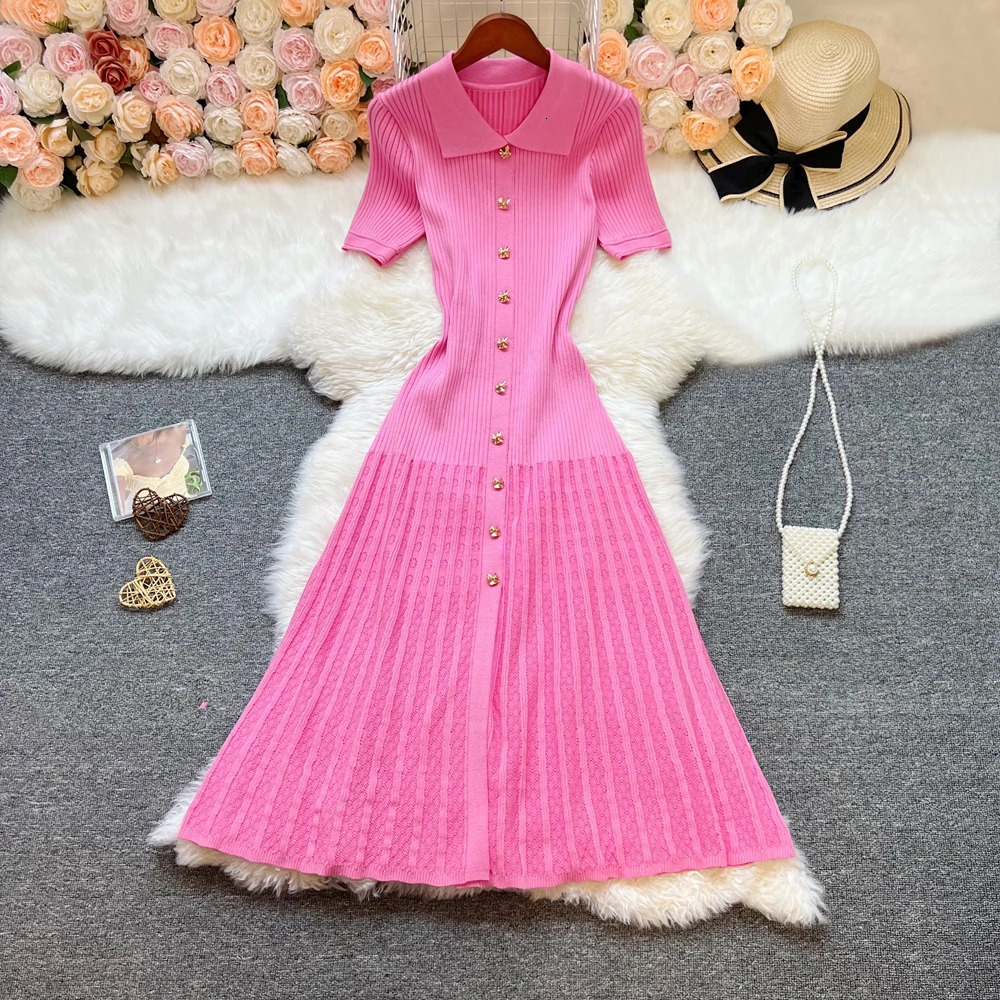 YuooMuoo Fashion Elegant Patchwork Knitted Long Dress Spring Summer Women Shirt Sweater Dress Lady Party Vestido 250806