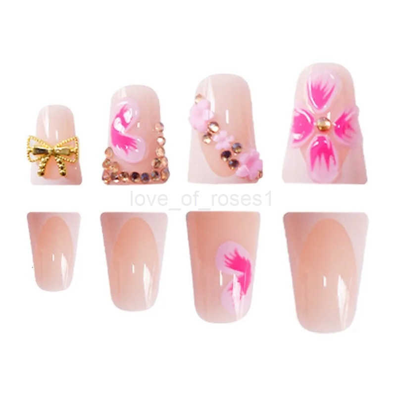24Pcs Summer Trendy Duckbill Fake Nails 3D Floral Press-on Nails French Design Golden Rhinestone Bow Decor Acrylic False Nails Z250807