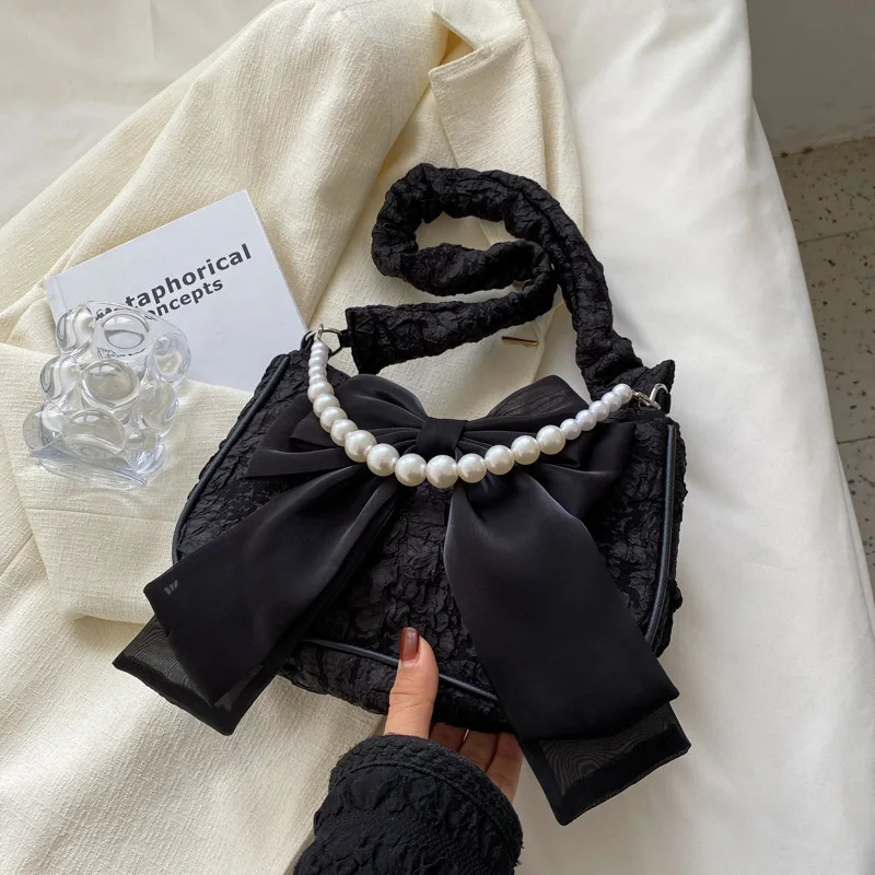Texture lace pleated bag womens bag womens black pearl shoulder bag bow bracelet fashionable 250807