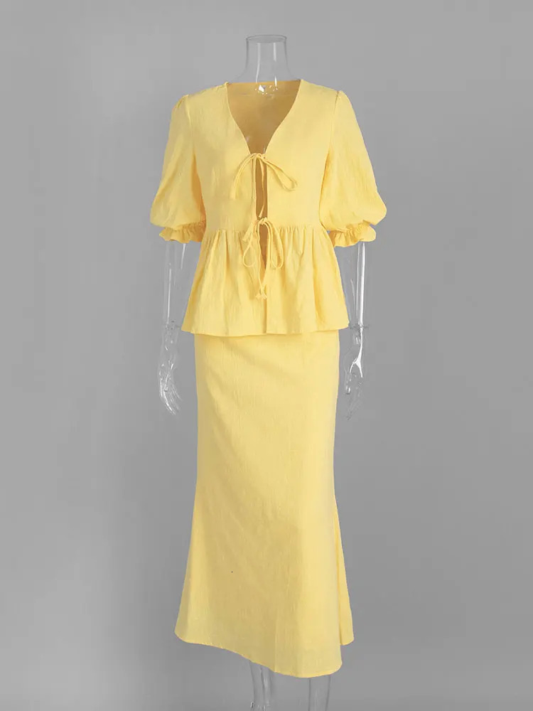 Tossy Summer Ruffled 2 Piece-Set Maxi Skirt For Women V-Neck Lace-Up Short Sleeve Shirts Top And Slim High Waist Long Skirt Sets 250804