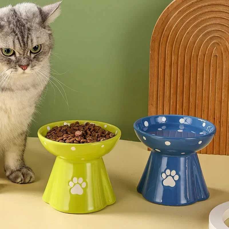 Cute Safety Environmental Ceramic Dog Cat Bowl High Foot Anti Overturning Pet Feeder Dog Water Bowls Pet Supplies Accessories Y250806