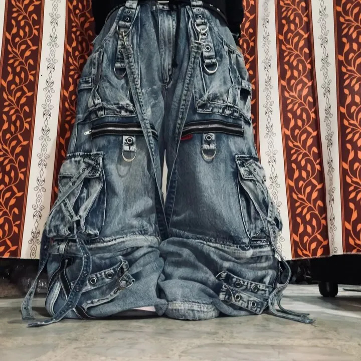 Retro Hip Hop Blue Y2k Cargo Pants with Large Pockets Zipper Baggy Jeans Straight Leg Wide Leg Ripped Jeans Gothic Streetwear 250805