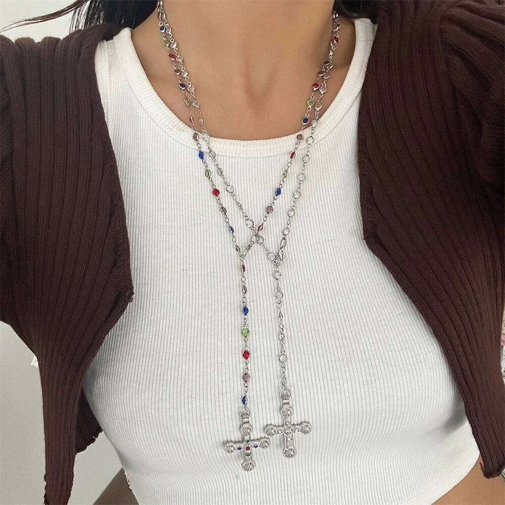 Unique Cross Pendant for Women Simple Crystal Sweater Chain Long Y-shaped Necklace Y2K Party Jewelry 2024 Jewelry for Women