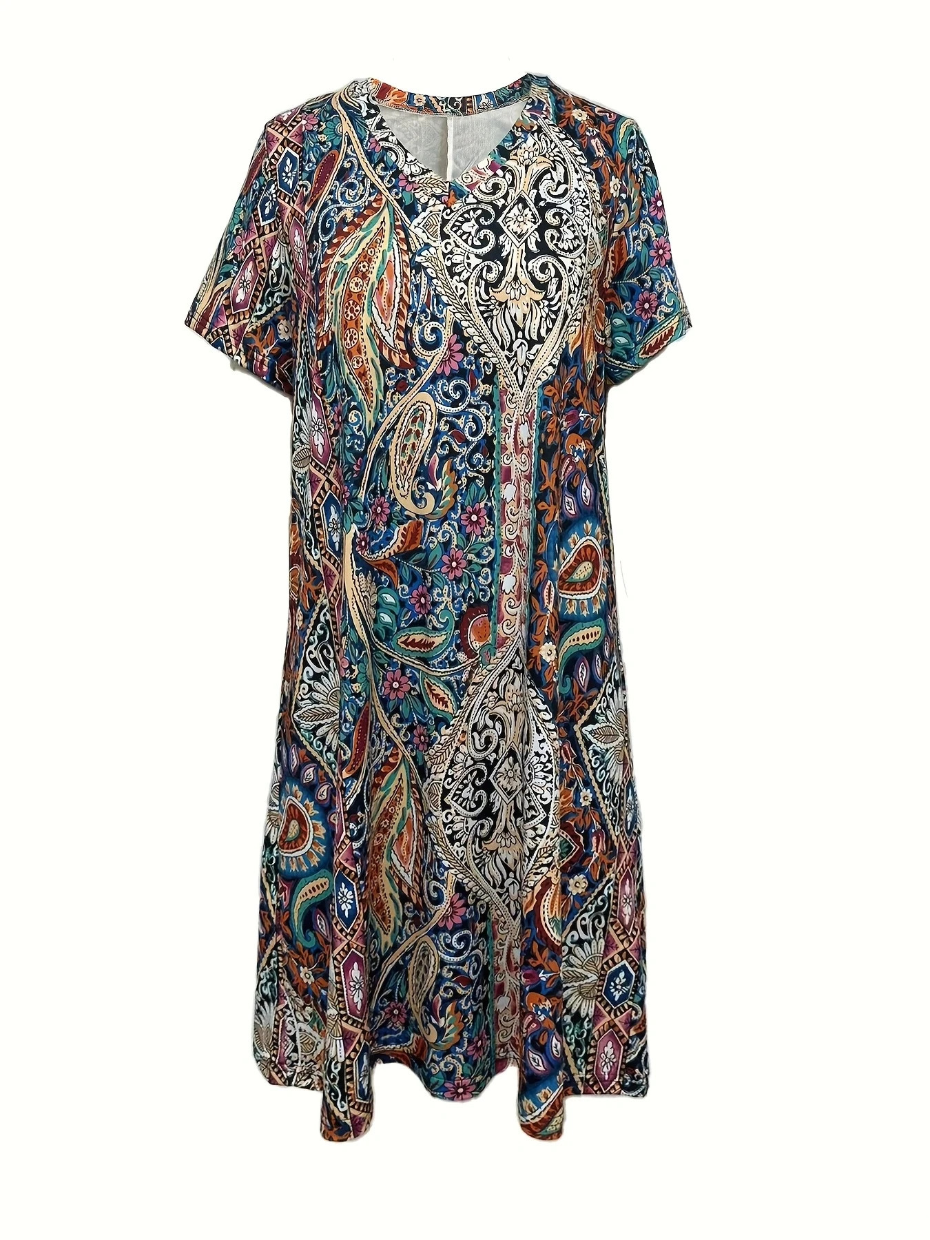 Plus size European and American crossborder spring summer casual Vneck printed short sleeve dress 250807