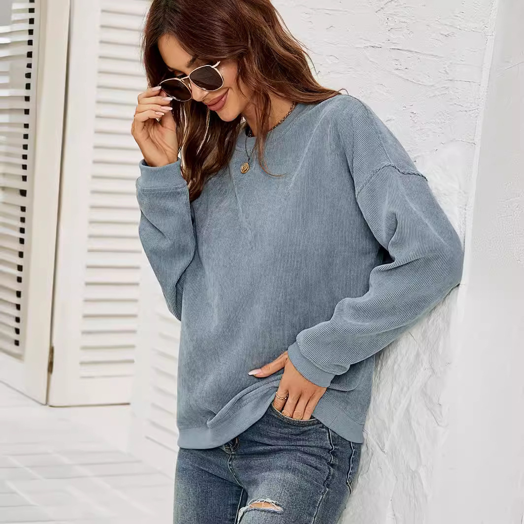 Free Shipping Designer Hoodie Amazon Women's Corduroy Sportswear Women's Casual Round Neck Pullover Long Sleeved Top 2025 Autumn/winter