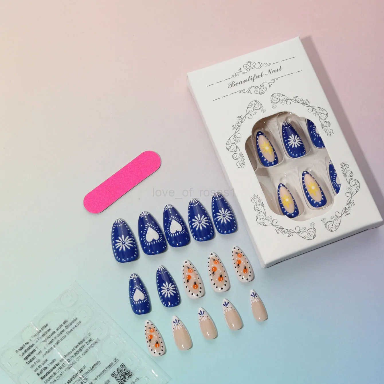 Retro Almond Fake Nails for Women DIY Blue Flower Designs French Press On Nails Wearable Full Cover False Nails for Party CF39 Z250807