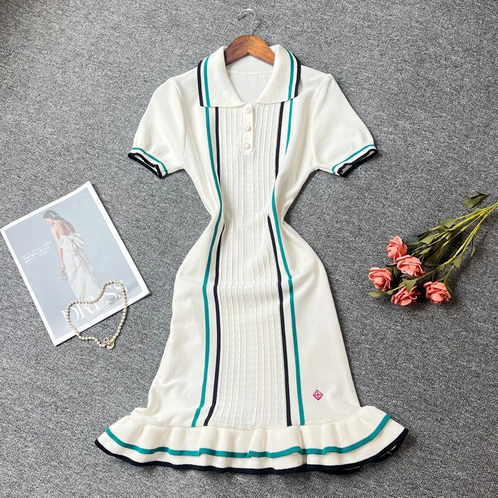 YuooMuoo Women Dress Summer Vintage Turndown Collar Knitted Mini Lady Slim Elastic Ruffled Bodycon Party Robes 250807