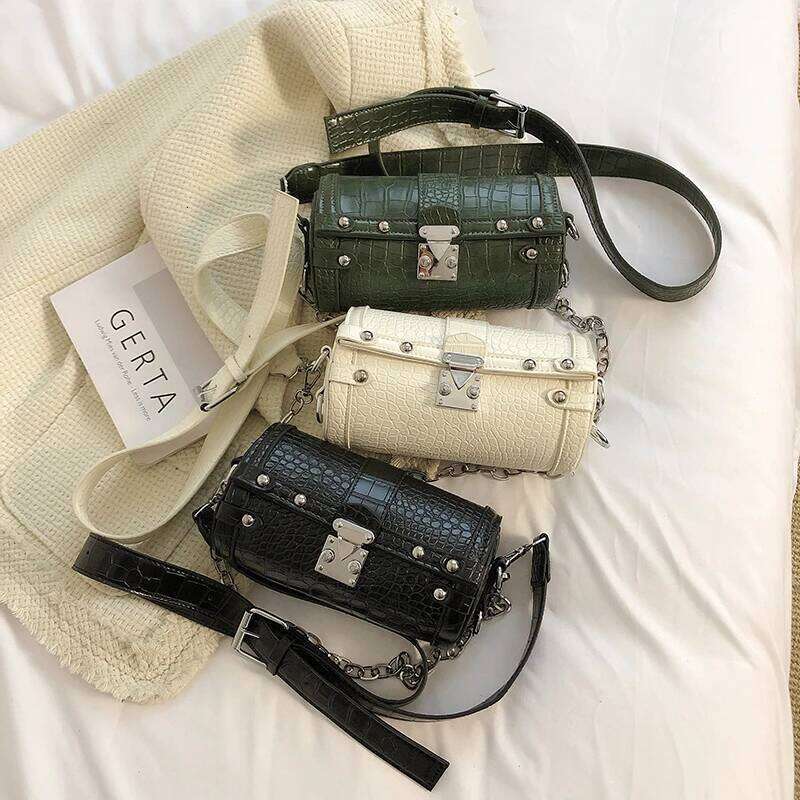 Brand Retro Cylindrical Crocodile Print Shoulder Bags for Women Chain Crossbody Bag Designer Lock Handbags and Purses Female