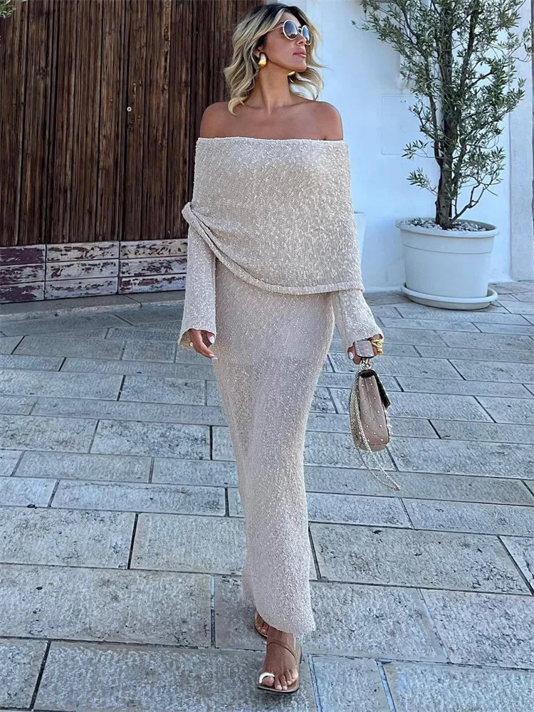 Tossy Knit Sweater Loose Maxi Dress Female Hollow Out Summer Patchwork High Waist Beach Holiday Dress Knitwear Long Dress 250806