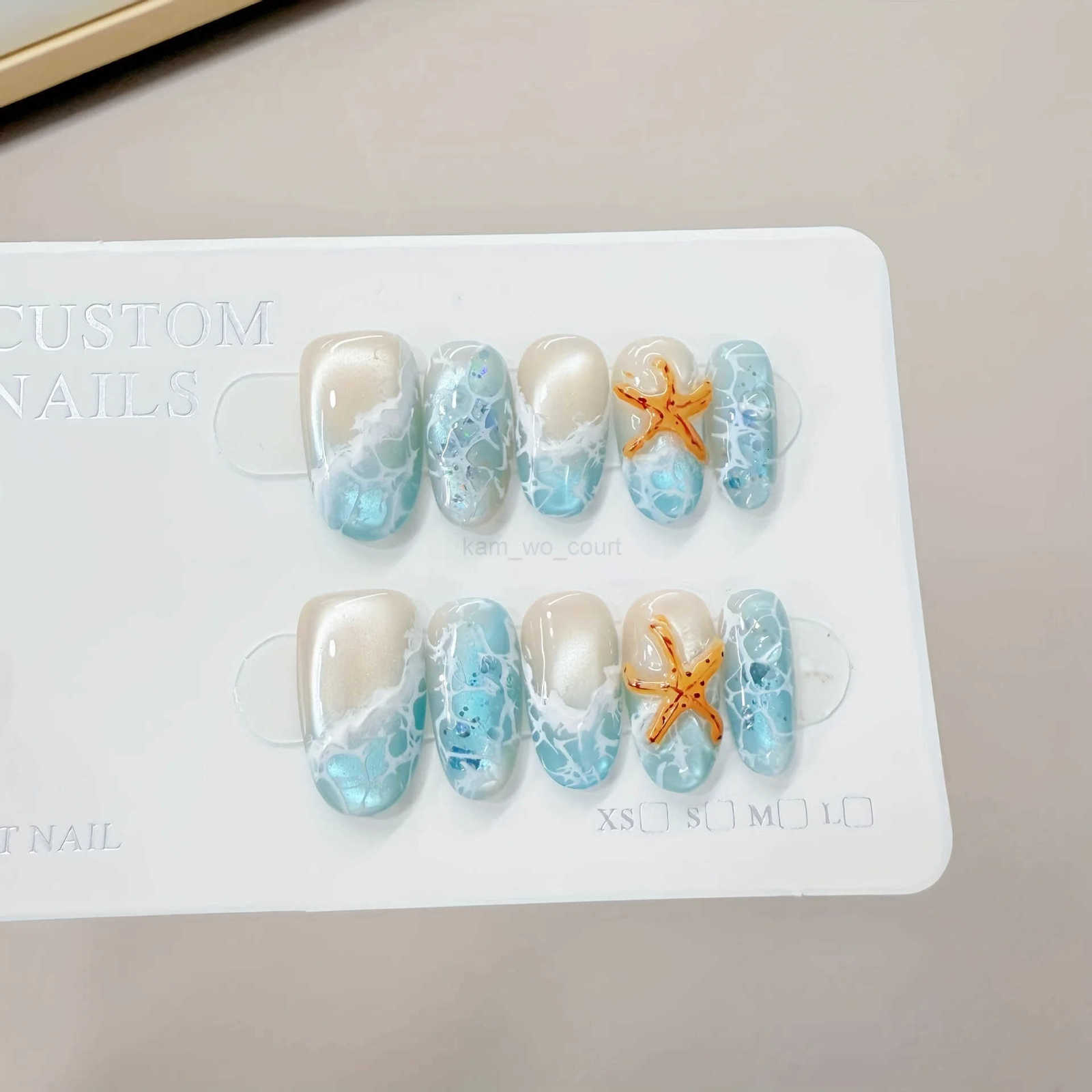 10pcs Handmade Press-on Nails Summer Wave Ripple Starfish Full Coverage Nail Tips for Women Girls Detachable Wearable Nails M250807