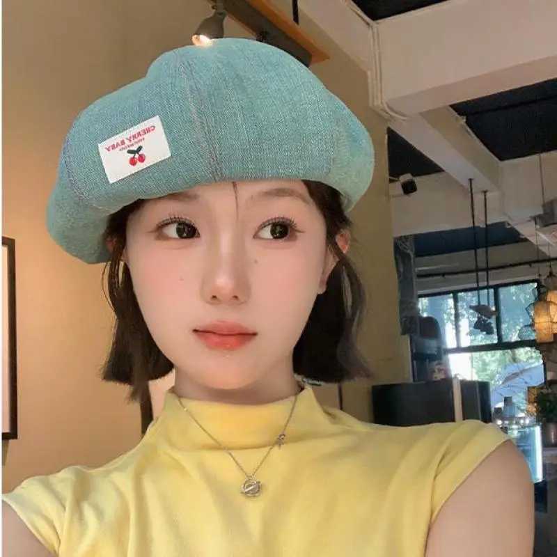 Beret Womens Hat Fashion Cherry Cloth Label Korean Style Washed Denim Cloth Sweet Cute Painter Hat for Women Casual XJ250807