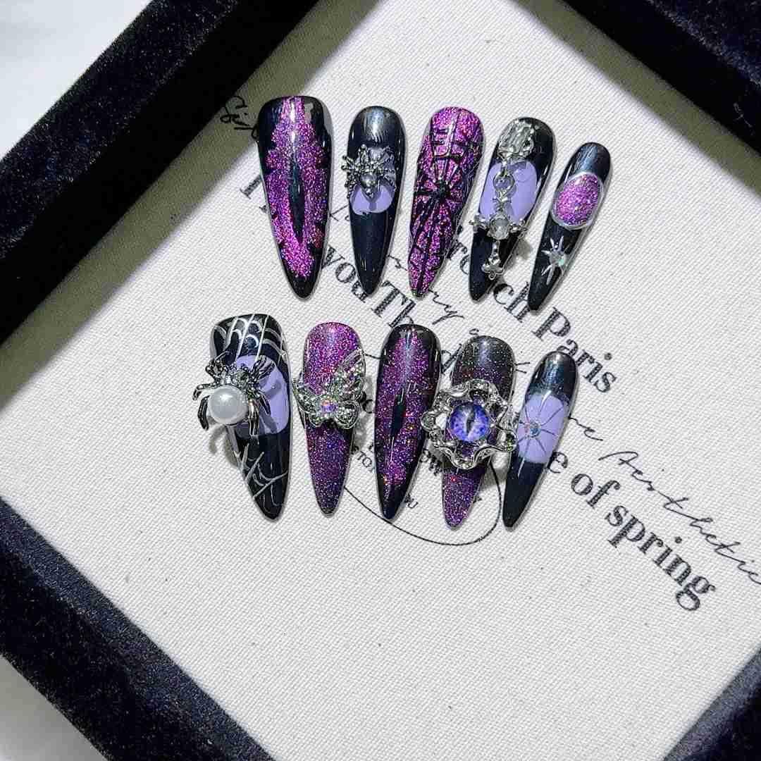 10pcs Halloween Handmade Press-on Nails European Heavy Metal 3D Fake Nails Wearable Detachable Spice Girls False Nails M250807